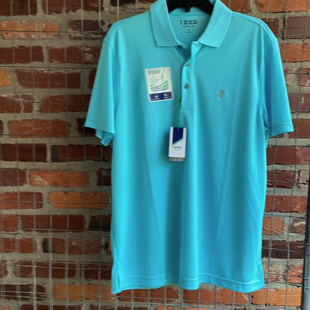 Izod Golf Pale Blue/Green Polyester Collared Golf Shirt Size Medium NEW W TAGS